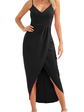 Elegant Black Wrap Maxi Dress with Spaghetti Straps
